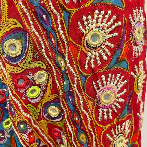 Soft Surroundings bohemian wrap maxi skirt beaded mirrors red gold L India - Picture 7 of 8